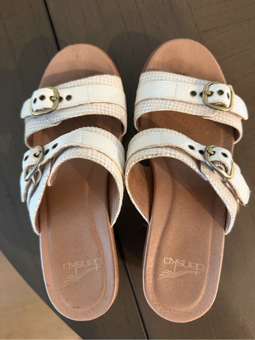 Dansko White Leather and Woven Strap Clog Sandals with Wood-Look Platform - Picture 2 of 2